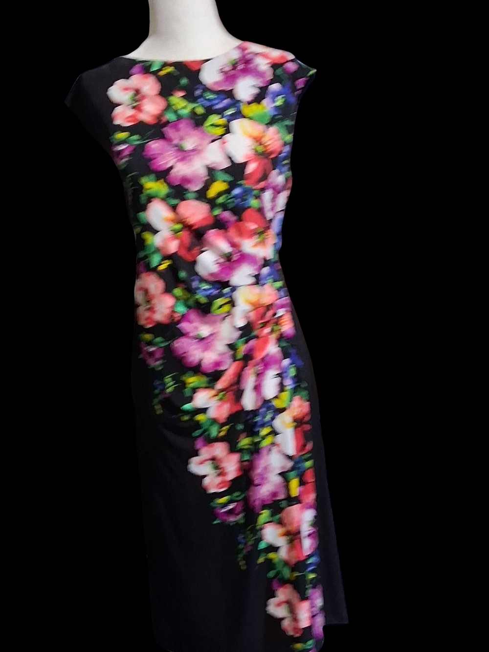 CONNECTED APPERAL Black Maxi Dress with Vibrant Floral Cascade Gathered Waist L